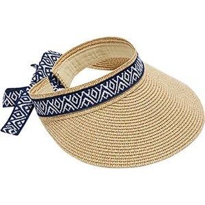 Sea & Grass Straw Visor Blue Geometric Tie Back | NWT